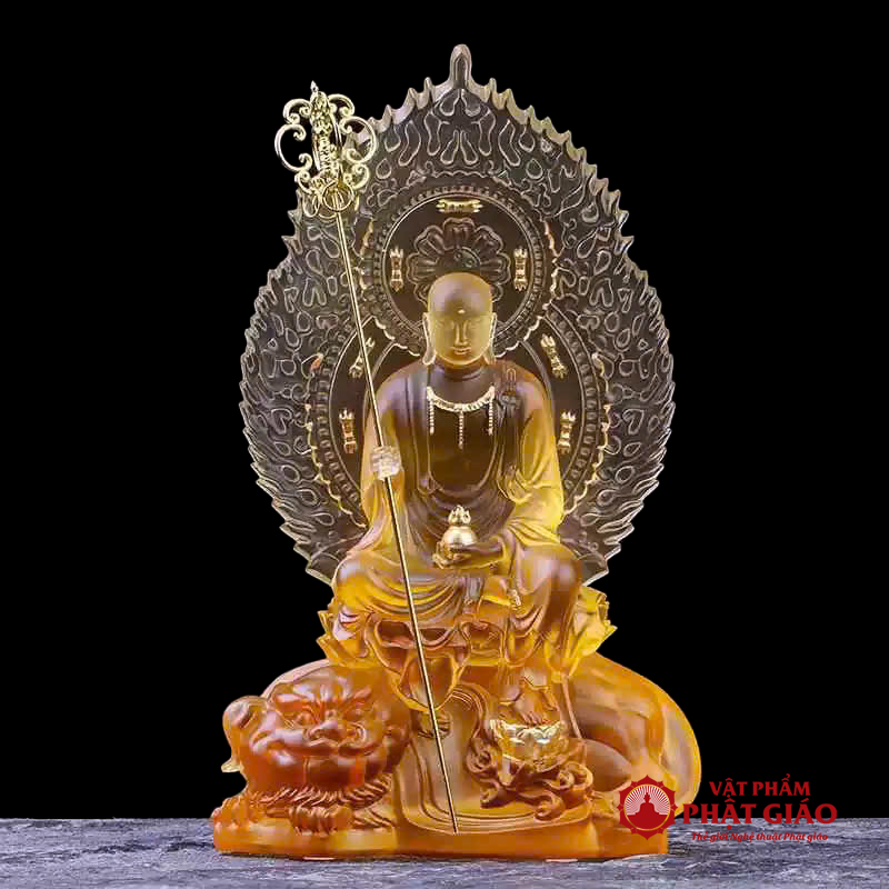 Tượng Địa Tạng Bồ Tát Chất Liệu Lưu Ly Màu Vàng, Có Lá Đề, Cao 20cm 5 1 28