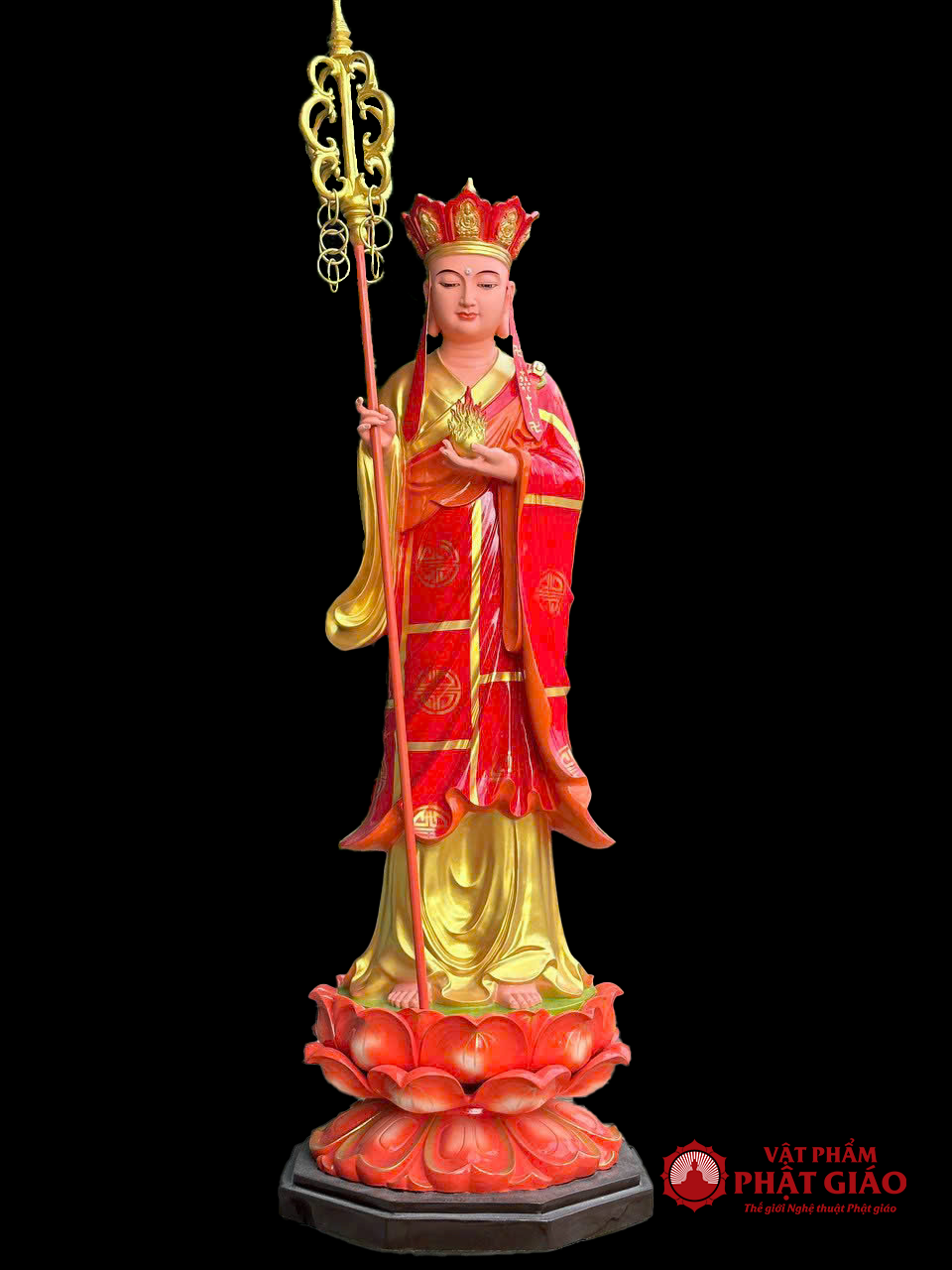 Tượng Địa Tạng Bồ Tát Áo Đỏ Đứng Đài Sen Bằng Composit, Cao 1.4m 2 1 30