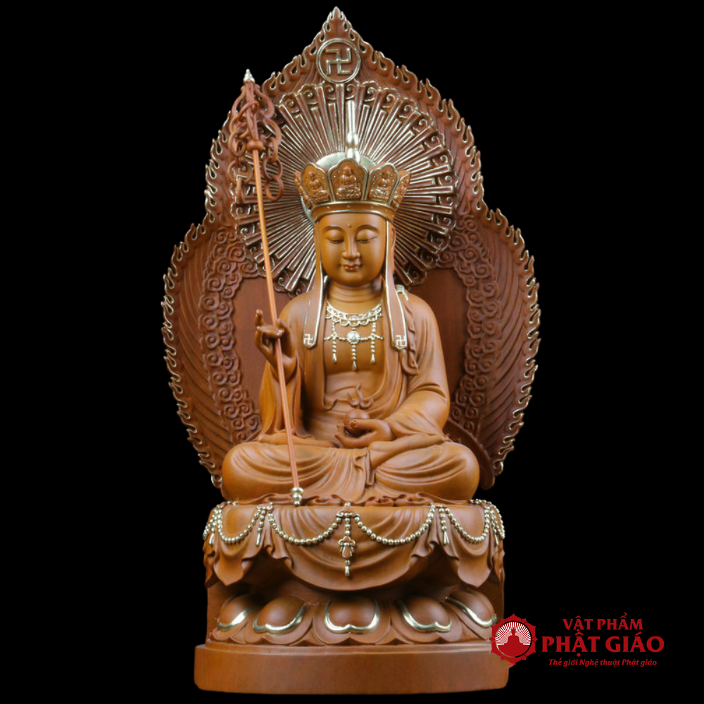 Tượng Địa Tạng Bồ Tát Tọa Đài Sen Có Lá Đề Bằng Gỗ Long Não, Cao 48cm (Tổng Lá Đề 65cm) 6 1 38