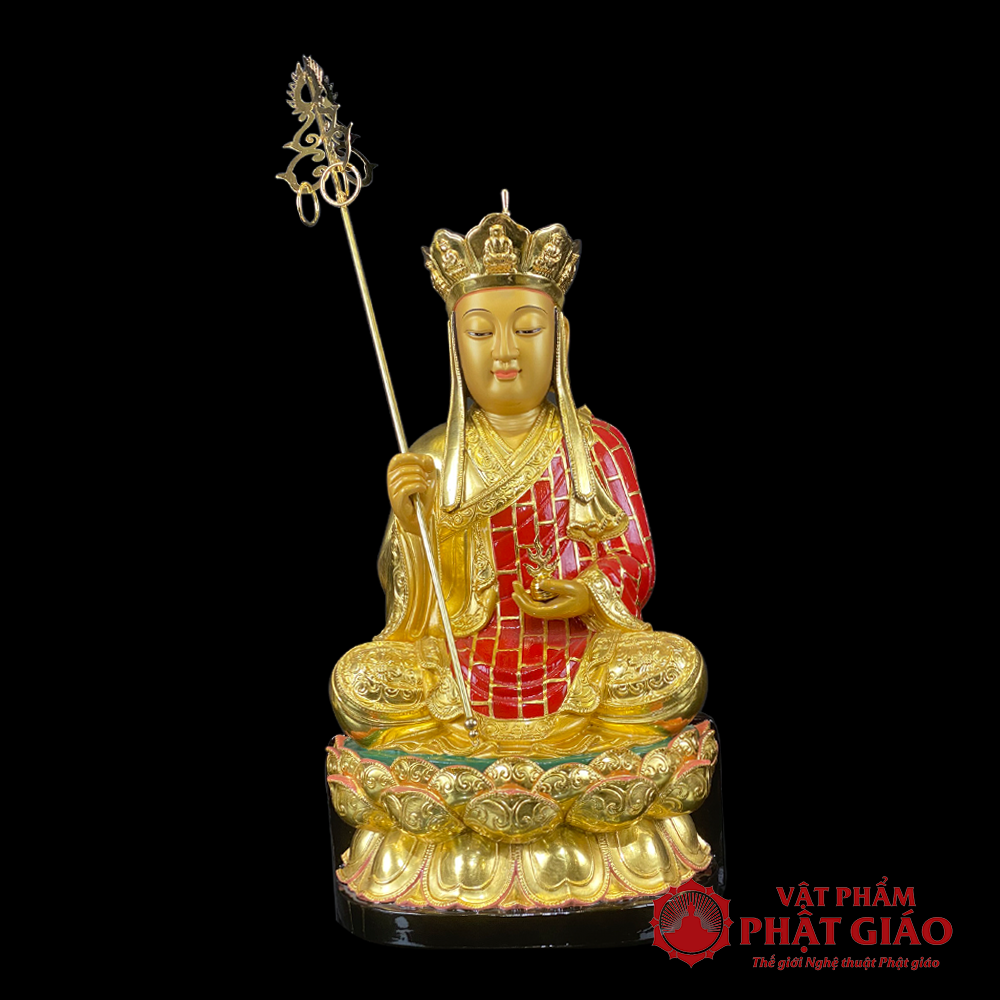 Tượng Địa Tạng Vương Bồ Tát Ngồi, Gỗ Long Não Dát Vàng 998, Cao 48cm 5 1 59