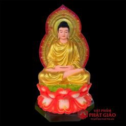 Tượng Bổn Sư Thích Ca Y Vàng Ngồi Đài Sen Đỏ Bằng Composite, Cao 80cm (Tổng Lá Đề 93cm) 1 1 67