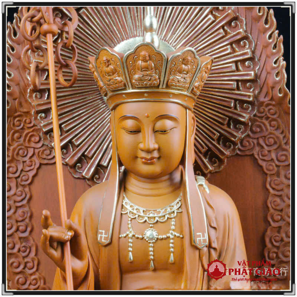 Tượng Địa Tạng Bồ Tát Tọa Đài Sen Có Lá Đề Bằng Gỗ Long Não, Cao 48cm (Tổng Lá Đề 65cm) 7 2 37