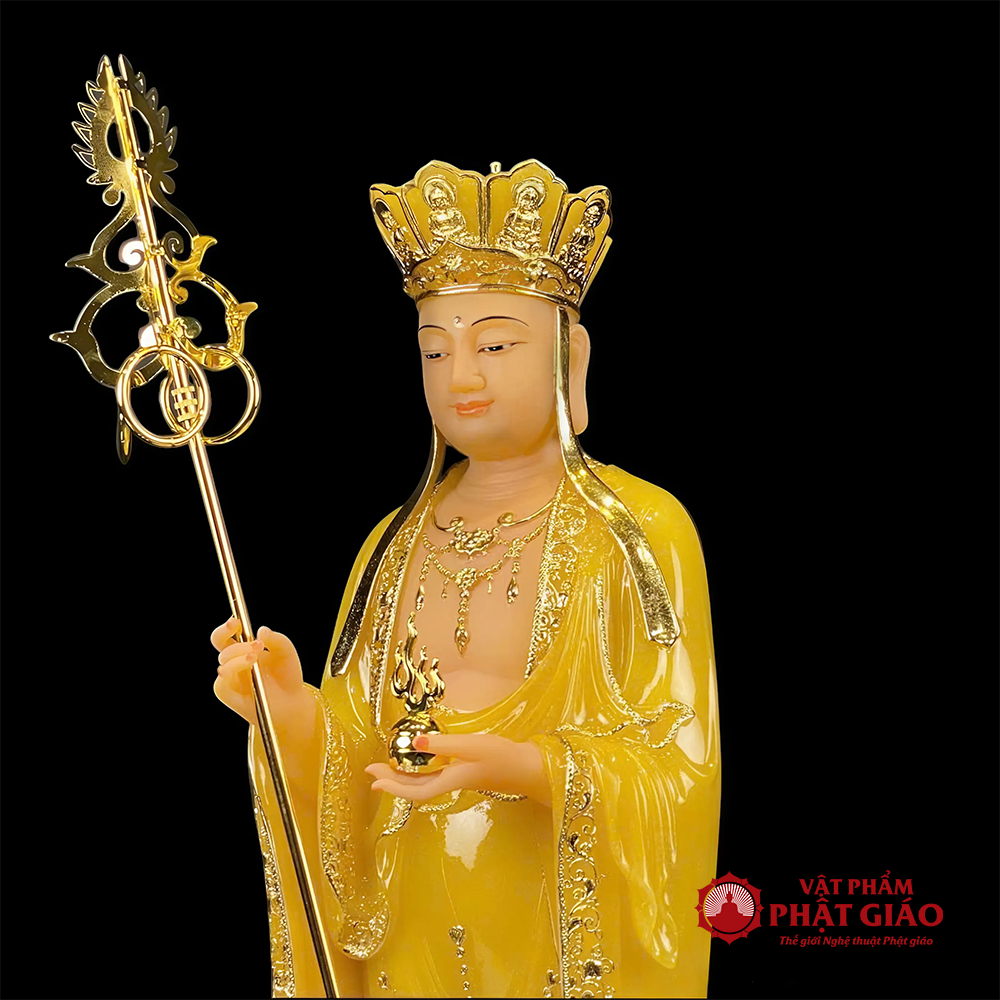 Tượng Địa Tạng Bồ Tát Đứng, Chất Liệu Bột Đá Thạch Anh Viền Vàng, Cao 48cm, 65cm 6 3 31