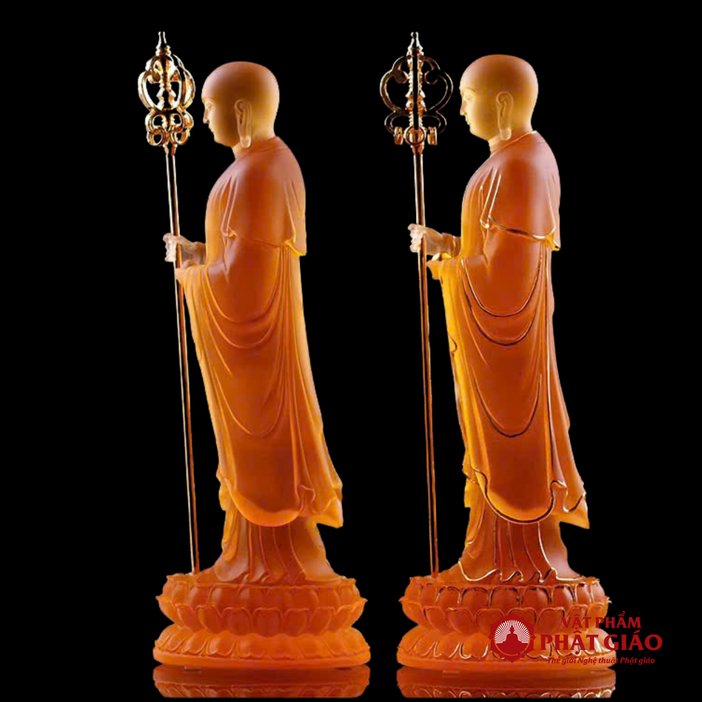 Tượng Địa Tạng Bồ Tát Dứng, Chất Liệu Lưu Ly Màu Vàng, Cao 13cm, 20cm, 25cm, 30cm 11 3 37