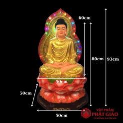 Tượng Bổn Sư Thích Ca Y Vàng Ngồi Đài Sen Đỏ Bằng Composite, Cao 80cm (Tổng Lá Đề 93cm) 3 3 58