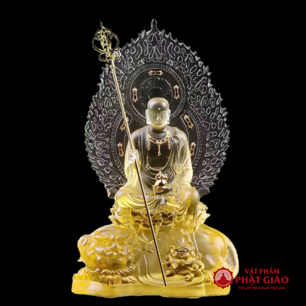 Tượng Địa Tạng Bồ Tát Chất Liệu Lưu Ly Màu Vàng, Có Lá Đề, Cao 20cm 6 4 30