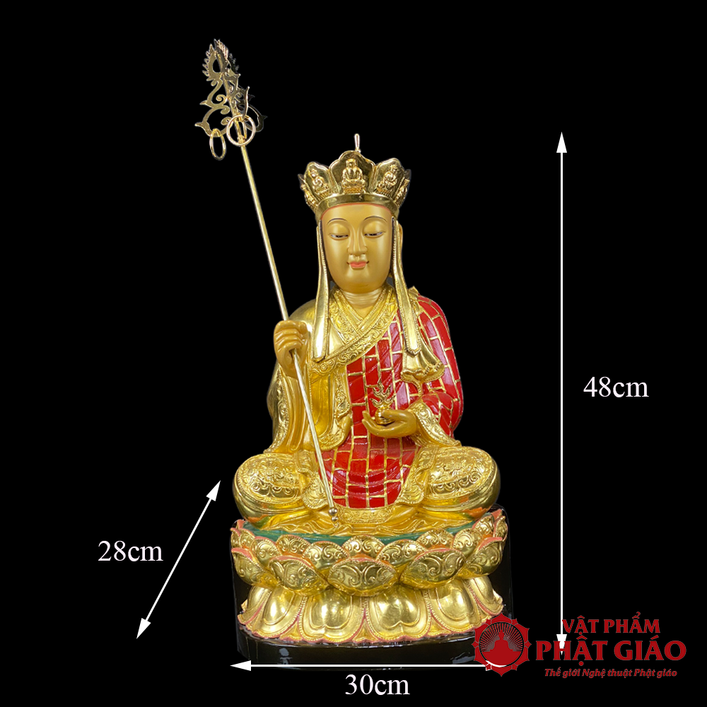 Tượng Địa Tạng Vương Bồ Tát Ngồi, Gỗ Long Não Dát Vàng 998, Cao 48cm 6 4 50
