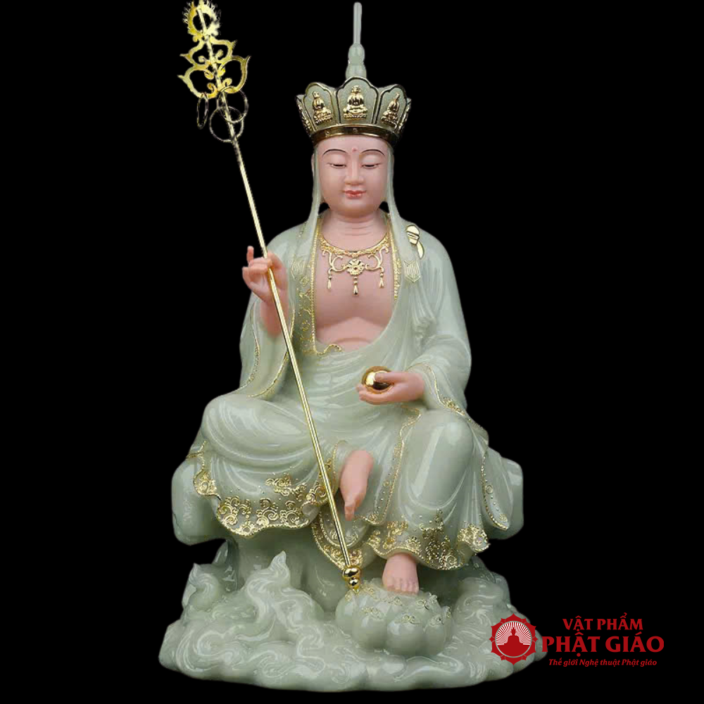 Tượng Địa Tạng Bồ Tát Ngồi Mây, Màu Thạch Ngọc Viền Vàng Bằng Bột Đá, Cao 48cm 4 5 33