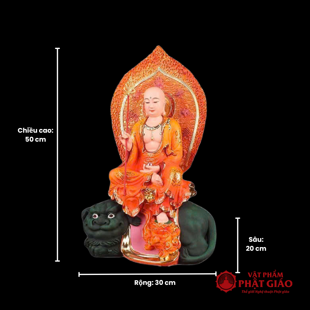 Tượng Địa Tạng Bồ Tát Cưỡi Lân, Chất Liệu Composite, Cả Lá Đề Cao 50cm 13 6 15