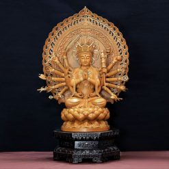 Tượng Bồ Tát Chuẩn Đề Ngồi Đài Sen Họa Tiết Viền Vàng, Bằng Gỗ Hương Chương, Cao 40cm (Tổng Lá Đề 60cm) 1 Tuong Bo Tat Chuan De Ngoi Dai Sen Hoa Tiet Vien Vang Bang Go Huong Chuong Cao 40cm Tong La De 60cm 2