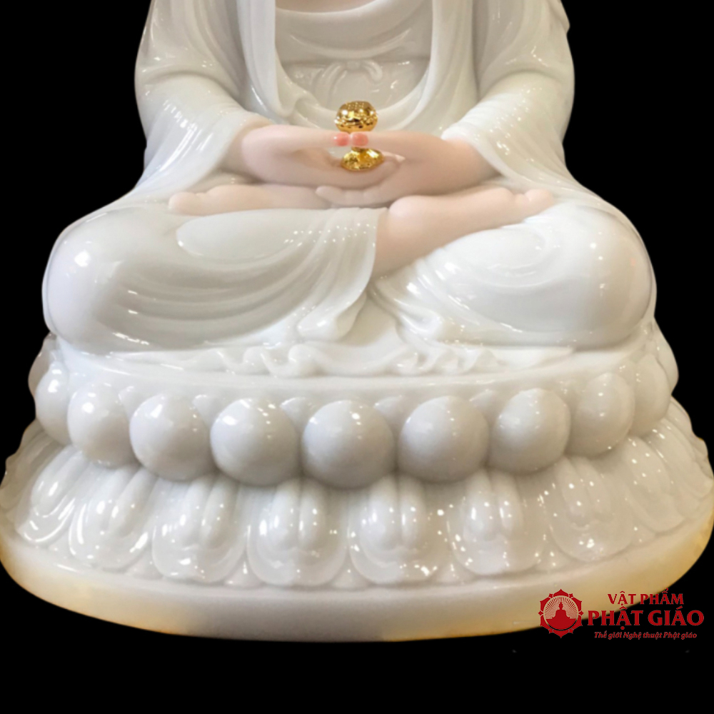 Tượng Mẹ Quan Âm Ngồi Đế Sen To Bột Đá Ngọc Hán Bạch 30cm, 35cm, 40cm, 48cm 12 Tượng Mẹ Quan Thế Âm Ngồi, Bột Đá Ngọc Hán Bạch, Cao 48cm