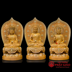 Bộ Tượng Ta Bà Tam Thánh Ngồi Đài Sen Gỗ Long Não, Cao 48cm (Tổng Lá Đề 65cm) 9 bo tuong ta ba tam thanh go long nao cao 48cm ca la de cao 65cm vat pham phat giao la boi 2