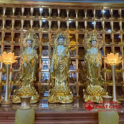 Bộ Tượng Tây Phương Tam Thánh Ấn Bảo Bằng Đồng Dát Vàng, Cao 66cm (Tổng Hào Quang 80cm) 1 bo tuong tay phuong tam thanh an bao dong dat vang cao 66cm tong hao quang 80cm vat pham phat giao la boi 3