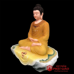 Tượng Bổn Sư Thích Ca Ngồi Tĩnh Tâm Trên Bệ Đá, Y Vàng Nâu Vẽ Gấm, Cao 48cm 4 tuong bon su thich ca ngoi tinh tam tren be da y vang nau ve gam cao 48cm vat pham phat giao la boi 3