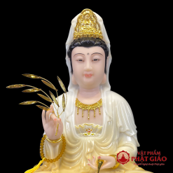 Tượng Quan Âm Bồ Tát Bằng Bột Đá Sơn Vàng, Cao 30cm 2 tuong quan am bo tat y vang cam de sen tim bang bot da cao 30cm 40cm 48cm 3