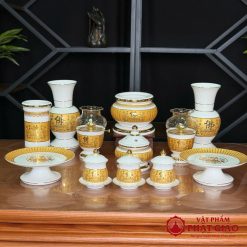 Bộ Đồ Thờ Sứ Trắng Tâm Kinh Vàng, Nhiều Kích Cỡ 16 1 115