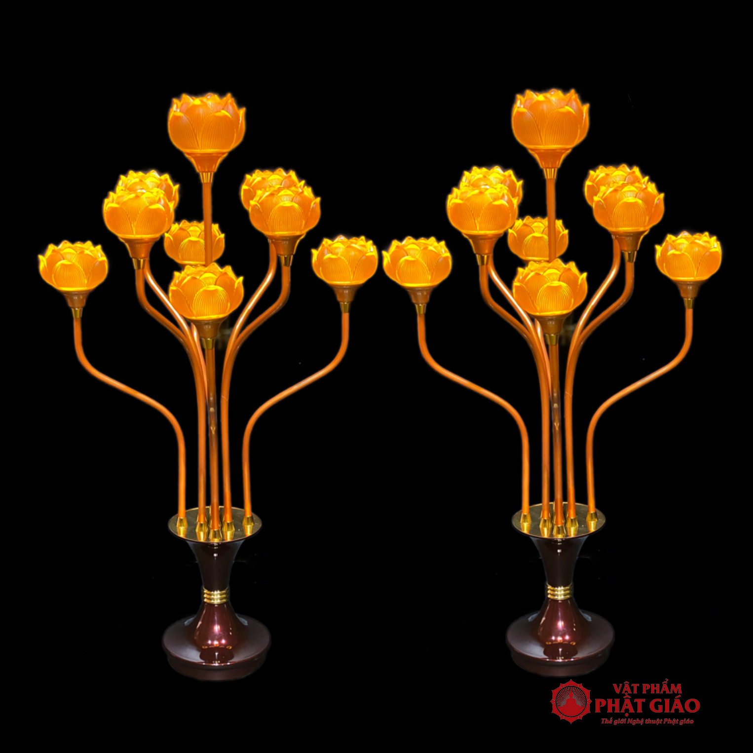 Đôi Đèn Thờ Lưu Ly Chân Hợp Kim Đồng, 9 Bông Cao 93cm 8 1 70