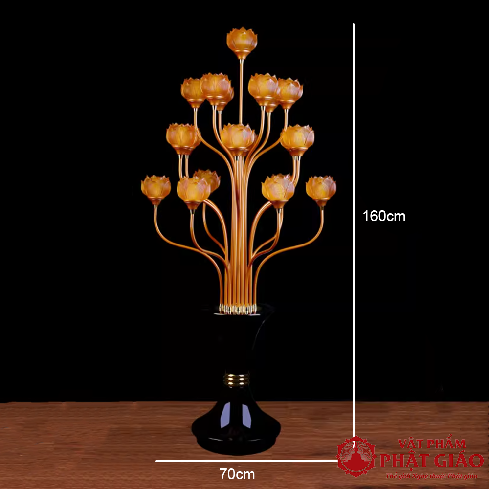 Đôi Đèn Thờ Hoa Sen Thủy Lưu Ly 19 Bông Vàng, Thân Hợp Kim, Cao 160cm 7 1 75
