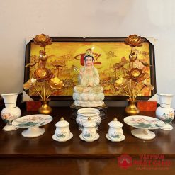 Bộ Thờ Sứ Trắng Hoa Văn Hoa Sen Hồng Lá Xanh, Nhiều Kích Cỡ 3 10 31