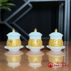 Bộ Đồ Thờ Sứ Trắng Tâm Kinh Vàng, Nhiều Kích Cỡ 7 10 32