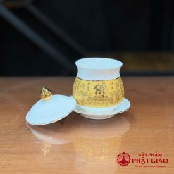 Bộ Đồ Thờ Sứ Trắng Tâm Kinh Vàng, Nhiều Kích Cỡ 8 11 23