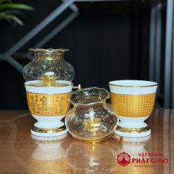 Bộ Đồ Thờ Sứ Trắng Tâm Kinh Vàng, Nhiều Kích Cỡ 6 12 16