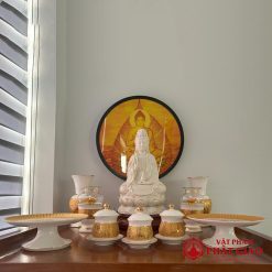 Bộ Đồ Thờ Sứ Trắng Tâm Kinh Vàng, Nhiều Kích Cỡ 5 16 2