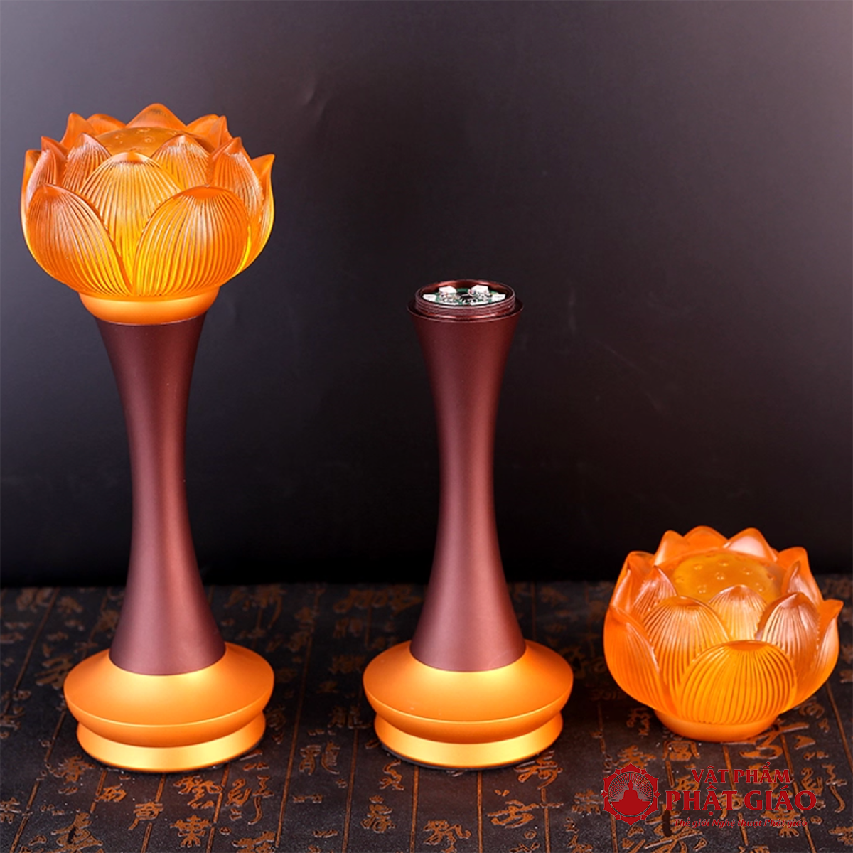 Đôi Đèn Thờ Hoa Sen Cửu Liên Thủy Lưu Ly, Thân Hợp Kim, Nhiều Kích Cỡ 2 2 50
