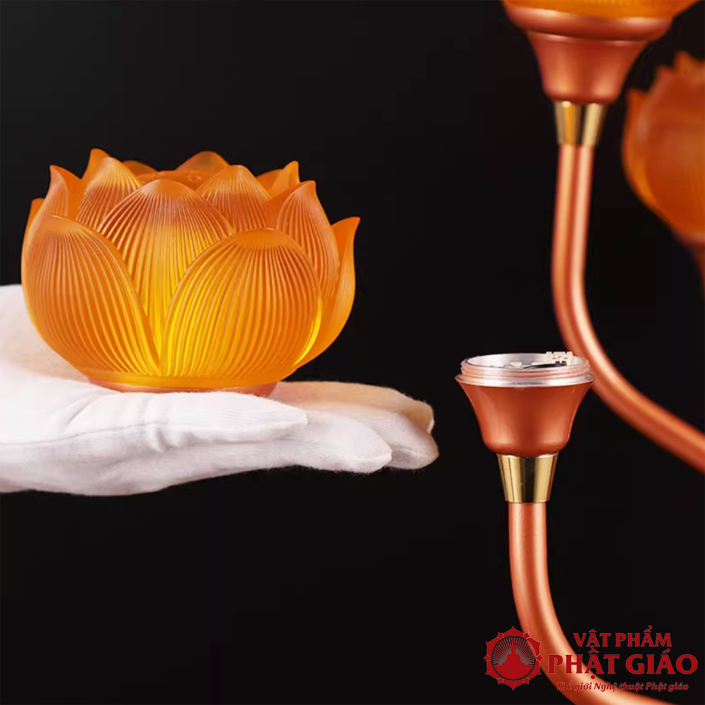 Đôi Đèn Thờ Hoa Sen Thủy Lưu Ly 19 Bông Vàng, Thân Hợp Kim, Cao 160cm 8 2 53