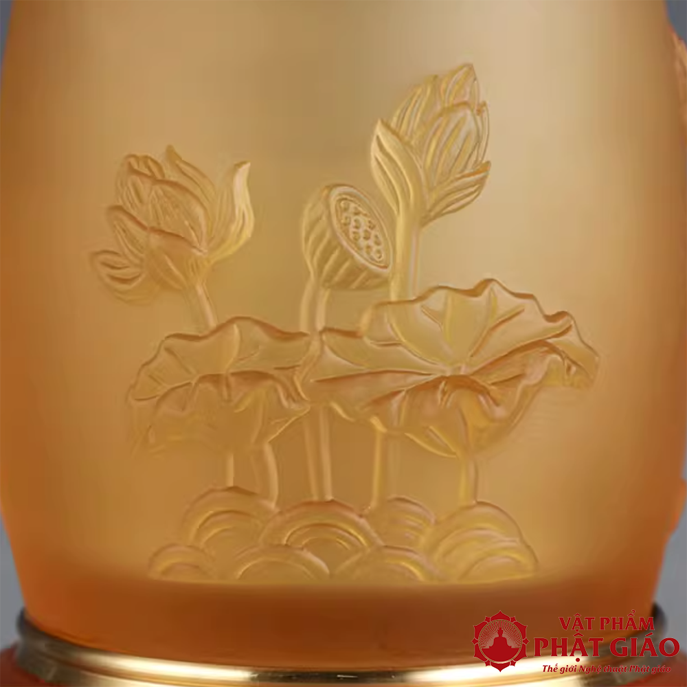 Đôi Đèn Thờ Lưu Ly Chạm Hoa Sen Nổi Chân Đồng, Cao 38cm 10 2 55