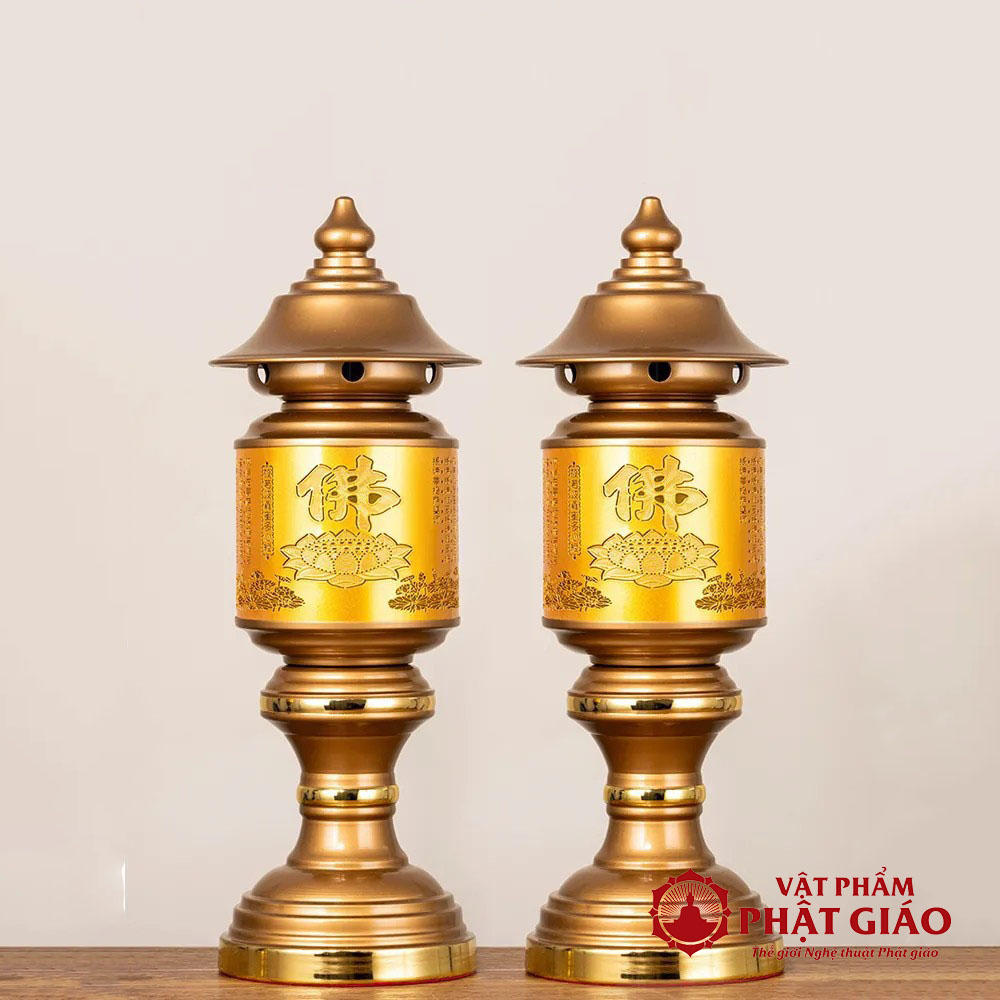 Đôi Đèn Nắp Ô Chữ Phật Thân Đồng, Cao 63cm 7 2 71