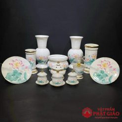 Bộ Thờ Sứ Trắng Hoa Văn Hoa Sen Hồng Lá Xanh, Nhiều Kích Cỡ 1 2 72
