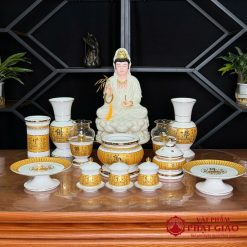 Bộ Đồ Thờ Sứ Trắng Tâm Kinh Vàng, Nhiều Kích Cỡ 1 2 74