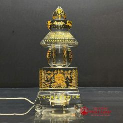 Tháp Xá Lợi Thuỷ Tinh Khắc Tâm Kinh Mạ Vàng, Có Đế LED, Cao 22cm 7 3 24