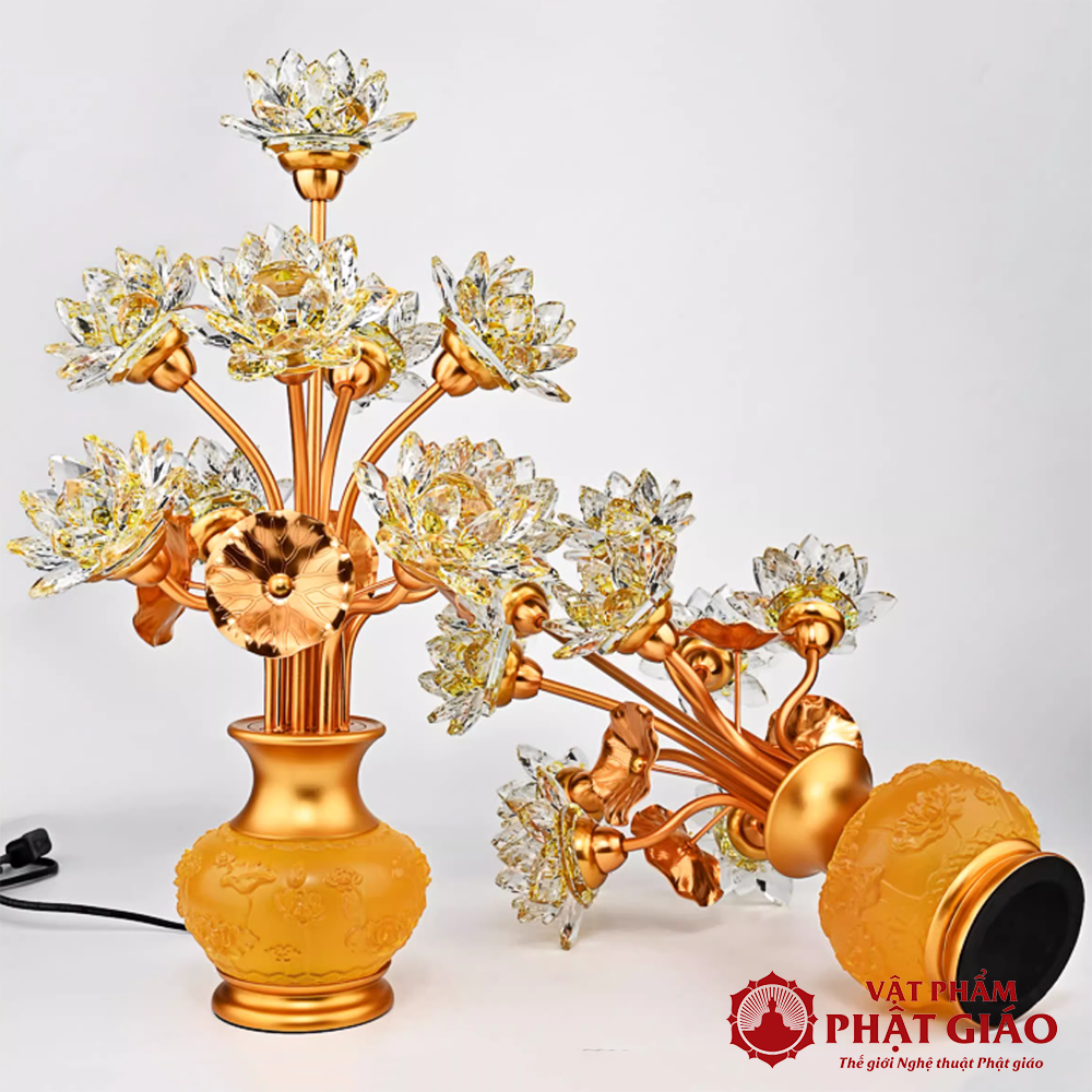 Đôi Đèn Bình Lưu Ly Hoa Sen Pha Lê, 9 Bông, Cao 63cm 11 3 34