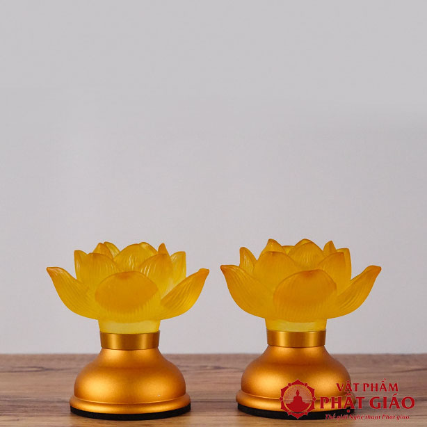 Đôi Đèn Hoa Sen Thủy Lưu Ly 1 Bông Nở Cổ Ngắn Cao 9cm 8 3 53