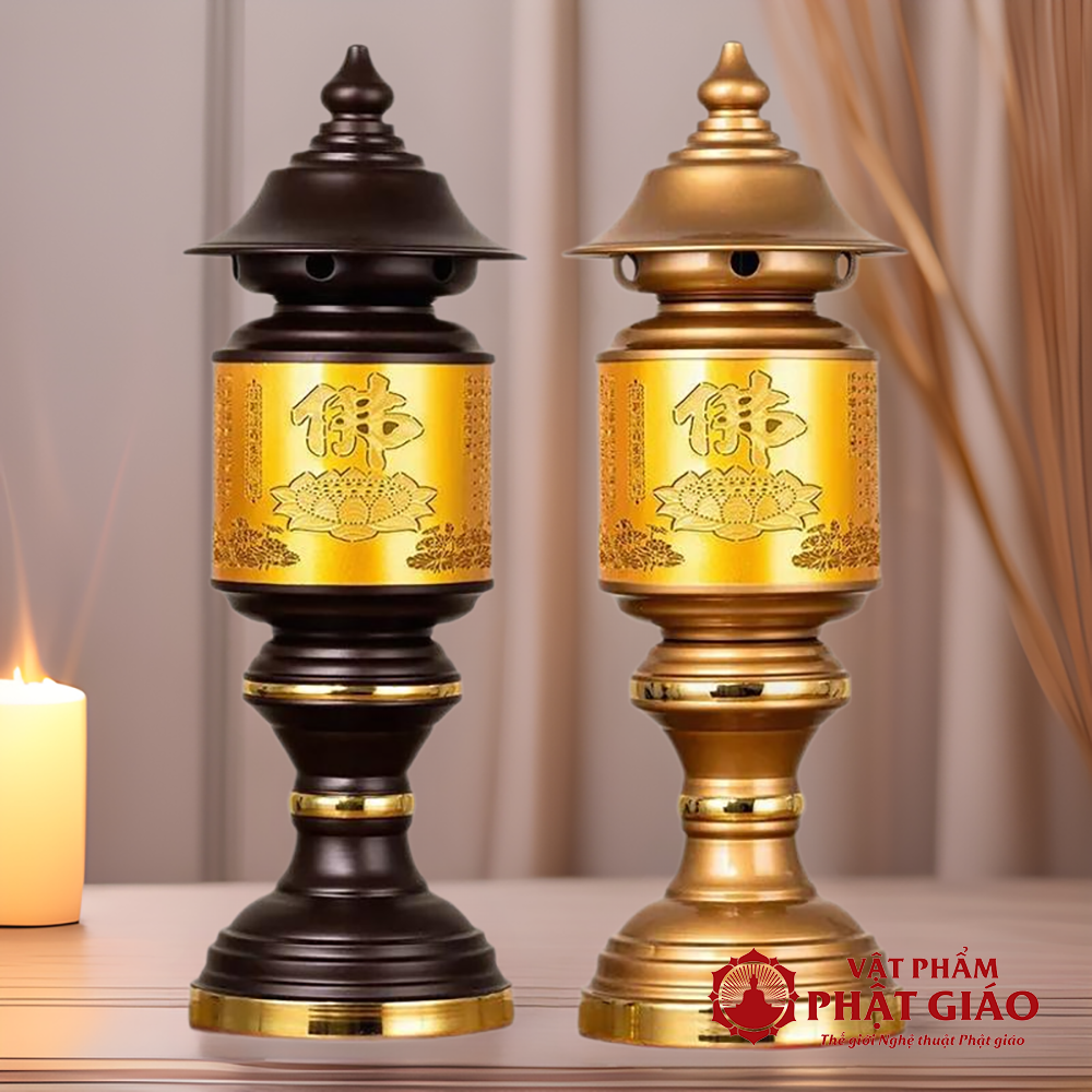 Đôi Đèn Nắp Ô Chữ Phật Thân Đồng, Cao 63cm 5 3 59