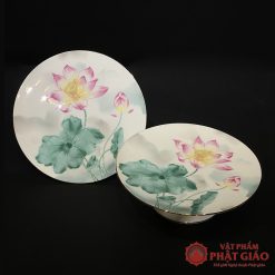 Bộ Thờ Sứ Trắng Hoa Văn Hoa Sen Hồng Lá Xanh, Nhiều Kích Cỡ 5 3 62
