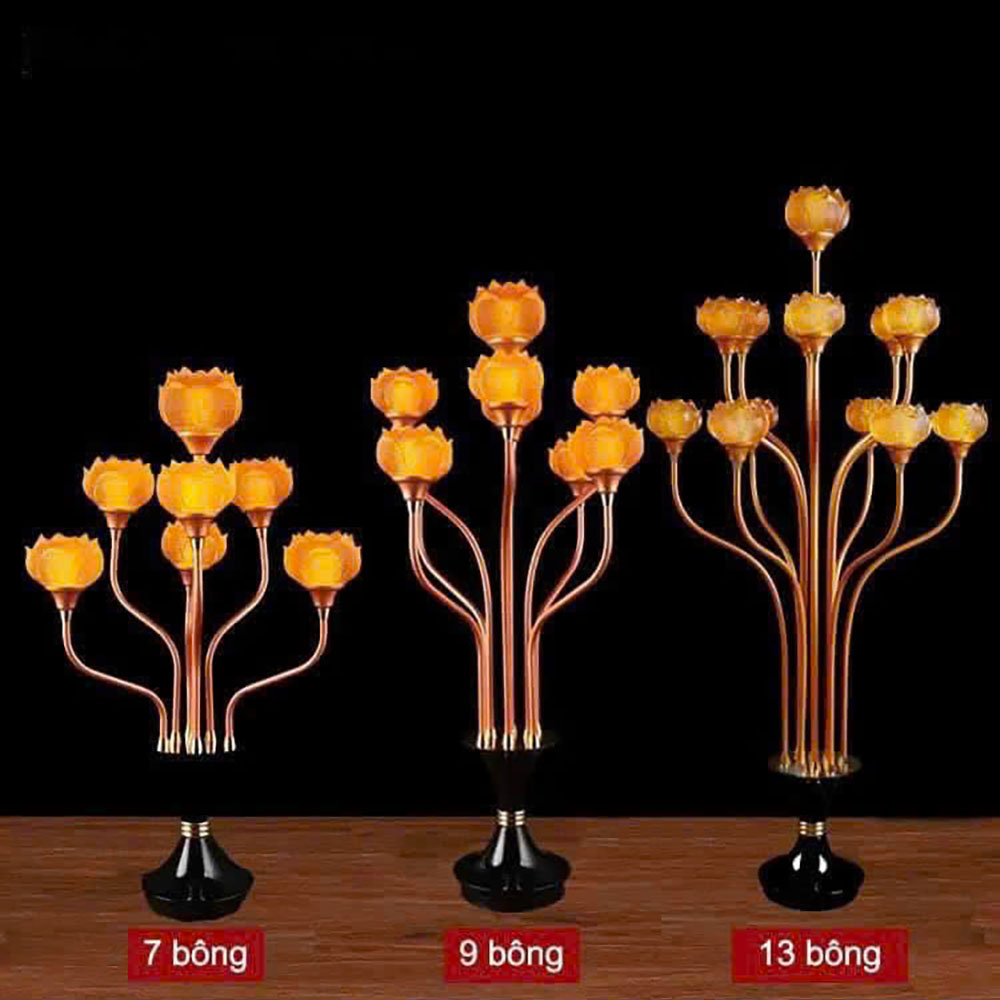 Đôi Đèn Thờ Lưu Ly Chân Hợp Kim Đồng, 9 Bông Cao 93cm 10 4 63