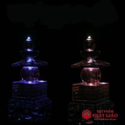 Tháp Xá Lợi Thuỷ Tinh Khắc Tâm Kinh Mạ Vàng, Có Đế LED, Cao 22cm 3 5 22