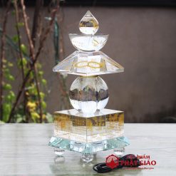 Tháp Xá Lợi Thuỷ Tinh Khắc Tâm Kinh Mạ Vàng, Có Đế LED, Cao 22cm 5 6 17