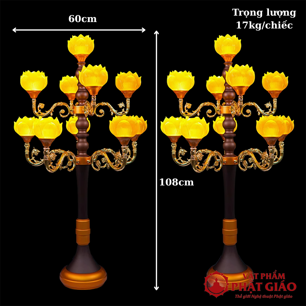 Đôi Đèn Thờ Lưu Ly Hoa Sen Vàng 10 Bông Thân Cổ, Cao 108cm 7 6 30
