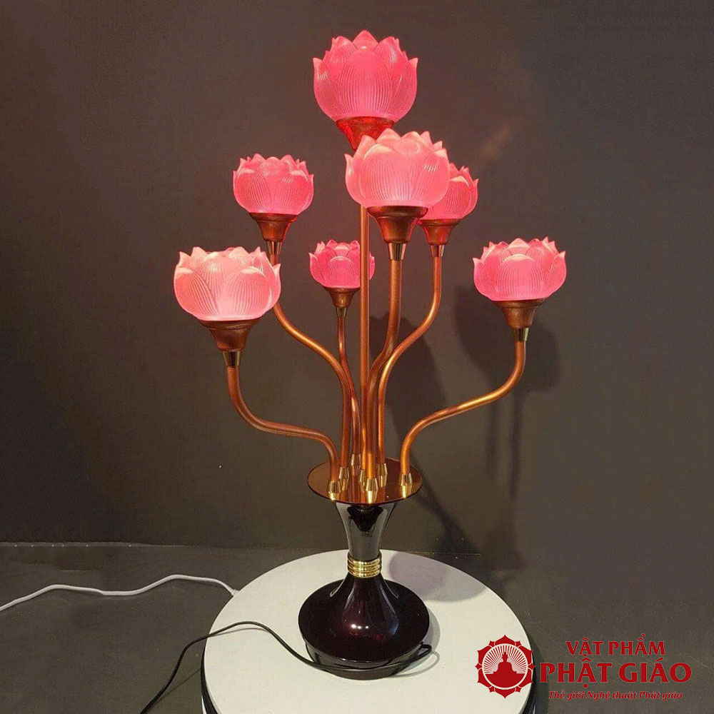 Đôi Đèn Hoa Sen Lưu Ly 7 Bông Cụp Thân Hợp Kim Đồng, Cao 76cm 8 6 37
