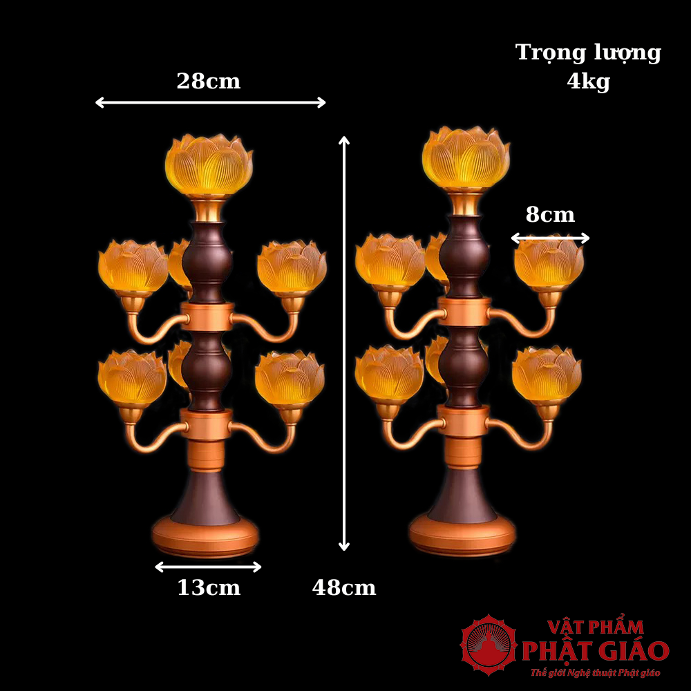 Đôi Đèn Hoa Sen Lưu Ly Thân Nâu Cổ, 7 Bông Cụp, Cao 48cm 8 7 16
