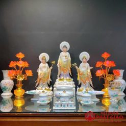 Bộ Thờ Sứ Trắng Hoa Văn Hoa Sen Hồng Lá Xanh, Nhiều Kích Cỡ 2 9 25