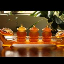 Bộ 3 Chén Nước Lưu Ly Mầu Vàng Cao 9cm, Đế Như Ý 2 Bo 3 Chen Nuoc Luu Ly Mau Vang Cao 9cm De Nhu Y 1