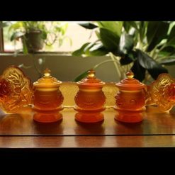 Bộ 3 Chén Nước Lưu Ly Mầu Vàng Cao 9cm, Đế Như Ý 1 Bo 3 Chen Nuoc Luu Ly Mau Vang Cao 9cm De Nhu Y 2