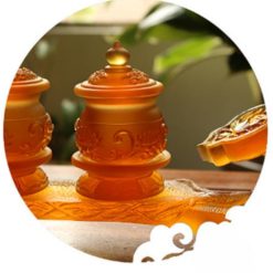 Bộ 3 Chén Nước Lưu Ly Mầu Vàng Cao 9cm, Đế Như Ý 6 Bo 3 Chen Nuoc Luu Ly Mau Vang Cao 9cm De Nhu Y 5