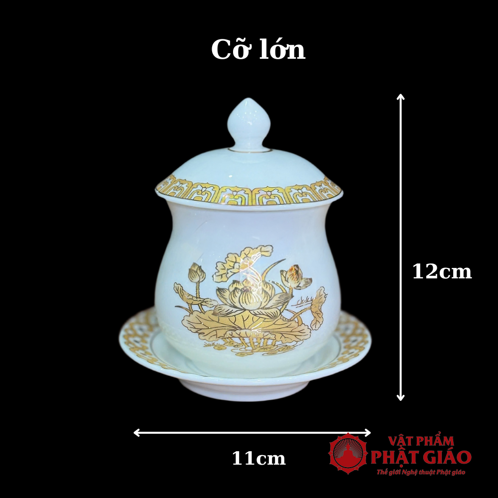Cốc Nước Thờ Sứ Trắng Hoa Sen Vàng, Nhiều Kích Cỡ 13 Co lon