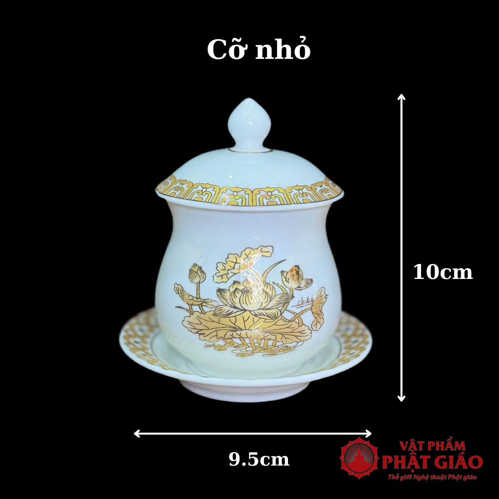 Cốc Nước Thờ Sứ Trắng Hoa Sen Vàng, Nhiều Kích Cỡ 11 Co nho
